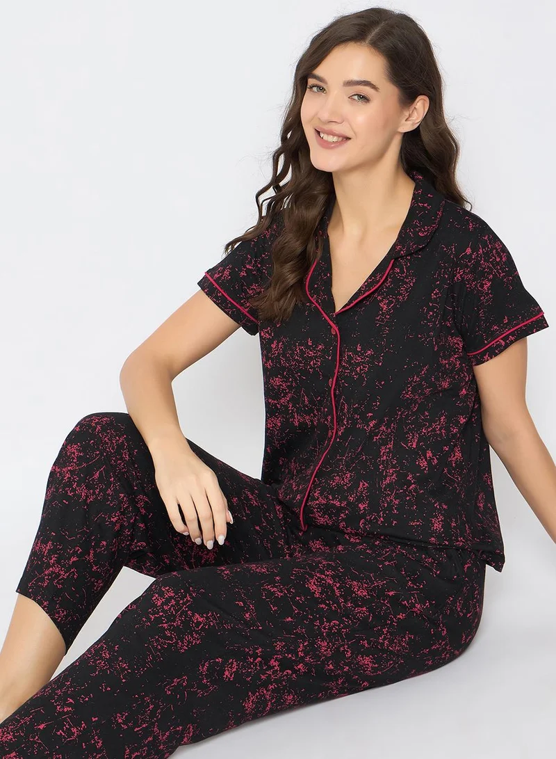 كلوفيا Printed Button Down Night Suit in Black - 100% Cotton